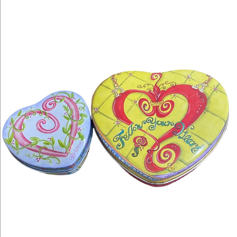 Lot of 2 Brighton Heart Shaped Jewelry Tins Empty Small Large Yellow Blue